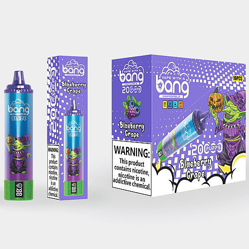 Embalaje para vaporizador desechable "Bang Blaze" en sabor "Blueberry Grape", que presenta un diseño colorido con un personaje de duende de dibujos animados, una calabaza y texto en negrita, junto con etiquetas de advertencia de nicotina.