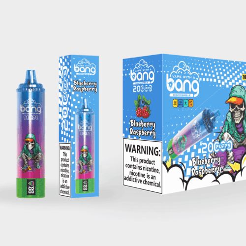 Verpackung und Produktdisplay für die Einweg-E-Zigarette von Bang mit Blaubeer-Himbeer-Geschmack, mit einem farbenfrohen Design mit einer Skelettfigur in urbaner Kleidung und auffälligen Warnhinweisen zum Nikotingehalt.