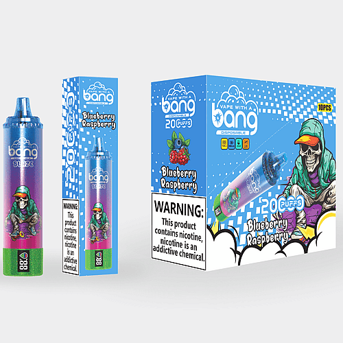 Embalaje y exhibición de producto para el vape desechable Bang en sabor Blueberry Raspberry, que presenta un diseño colorido con un personaje esqueleto con ropa urbana y prominentes etiquetas de advertencia de nicotina.