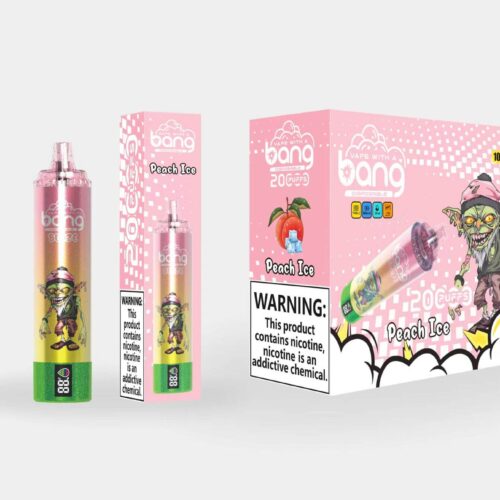 Verpackung eines Einweg-Vape-Produkts mit der Bezeichnung „Bang Blaze Peach Ice“, auf dem ein buntes Gerät und eine Zeichentrickfigur, ein Kobold, sowie ein deutlich erkennbarer Warnhinweis zum Nikotingehalt zu sehen sind.