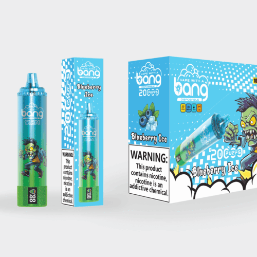 Verpackung und Produktpräsentation des Einweg-Vaporizers „Bang Blaze Blueberry Ice“ mit einem Cartoon-Zombie-Design und Warnhinweisen zur Nikotinsucht.