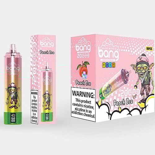 Embalaje de un producto de vapeo desechable etiquetado como "Bang Blaze Peach Ice", que presenta un dispositivo colorido y un personaje de dibujos animados de duende, con un destacado mensaje de advertencia sobre la nicotina.