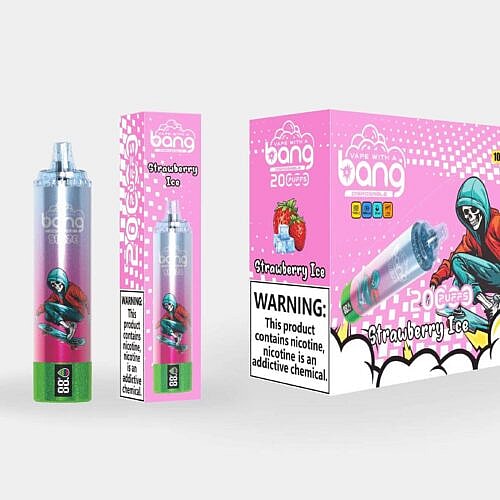 Verpackung für den Einweg-Vaporizer von Bang mit Erdbeereisgeschmack, bestehend aus einem Vape-Pen mit Farbverlauf und einer Skelettfigur auf einem Skateboard, rosafarbenen Boxdesigns mit Erdbeer- und Eisbildern sowie einem Warnhinweis zu Nikotin.