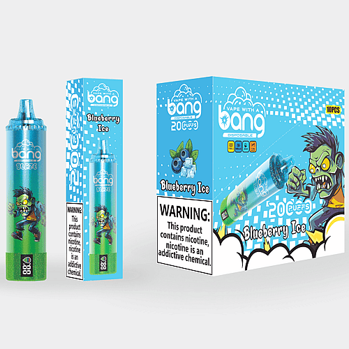 Embalaje para el vaporizador desechable Bang Blaze Blueberry Ice, que presenta un gráfico de zombie, el nombre del producto, detalles del sabor y una etiqueta de advertencia de nicotina.