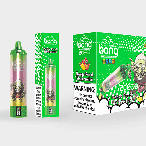 Verpackungsdesign für eine Einweg-E-Zigarette mit dem Geschmack „Mango-Pfirsich-Wassermelone“ mit einem grün-rosa Gerät, einem Cartoon-Kobold-Motiv und einem auffälligen Warnhinweis zu Nikotin.