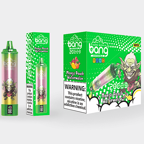 Diseño de empaque para un vaporizador desechable con sabor "Mango, melocotón y sandía", con un dispositivo verde y rosa, ilustraciones de duendes de dibujos animados y una destacada etiqueta de advertencia de nicotina.