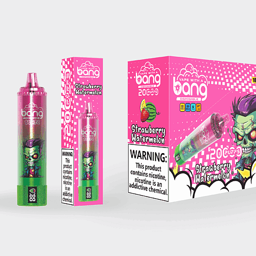 Verpackungs- und Produktbild einer Einweg-E-Zigarette mit der Aufschrift „Vape with a Bang“ mit „Erdbeer-Wassermelonen“-Geschmack, leuchtend pinkem Design, einer Zombie-Zeichentrickfigur und einer Nikotinwarnung.