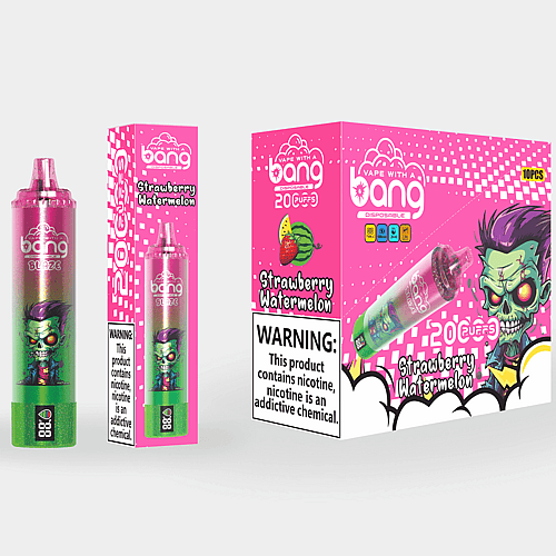 Imagen del empaque y del producto de un vaporizador desechable etiquetado como "Vape with a Bang", con sabor a "fresa y sandía", un diseño rosa vibrante, un personaje de dibujos animados de zombies y una advertencia sobre la nicotina.