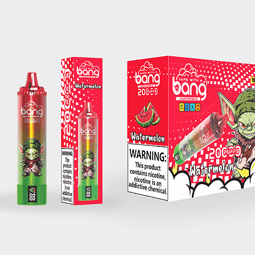 Verpackungsdesign für den Einweg-Vaporizer „Bang“ mit Wassermelonengeschmack, mit einem rot-grünen Vape-Gerät, passender roter Verpackung und einer Zeichentrickfigur mit Kobold neben Wassermelonengrafiken.