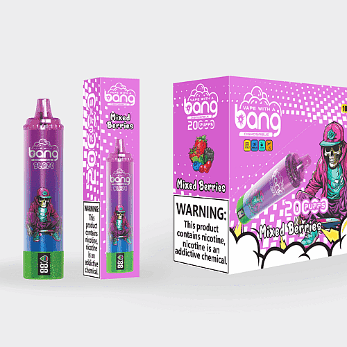 Verpackungsdesign für ein Einweg-Vape-Produkt namens „Bang“, bestehend aus einem lila-grünen Gerät mit dem Geschmack „Mixed Berries“, einer farbenfrohen Schachtel mit einem Skelett in Streetwear und einem Warnhinweis zu Nikotin.