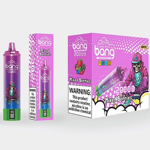 Diseño de empaque para un producto de vapeo desechable llamado "Bang", que presenta un dispositivo morado y verde con sabor a "Mixed Berries", una caja vibrante con un esqueleto vestido de calle y una etiqueta de advertencia de nicotina.