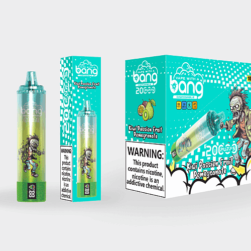 Verpackungsdesign für den Einweg-Vape „Vape with a Bang“ mit Zombie-Grafik, der Aufschrift „Kiwi-Passionsfrucht-Granatapfel“ und Warnungen vor Nikotinsucht.