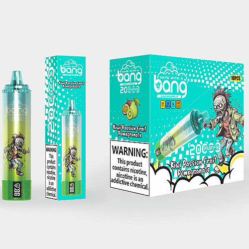 Diseño de empaque para el vaporizador desechable "Vape with a Bang", que presenta un gráfico de zombie, etiquetado "Kiwi Passion Fruit Pomegranate", con advertencias sobre la adicción a la nicotina.