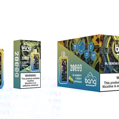 Ein Vape-Gerät mit sichtbaren mechanischen Zahnrädern, einer digitalen Anzeige und einem Design mit Farbverlauf von Gelb nach Blau, abgebildet neben der Verpackung der Geschmacksrichtung „Blueberry Cherry Lemonade“ mit Produktdetails und einem Warnhinweis zu Nikotin.