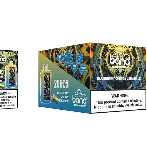 A vape device with visible mechanical gears, a digital display, and a gradient yellow-to-blue design, shown alongside packaging for "Blueberry Cherry Lemonade" flavor with product details and a nicotine warning label.