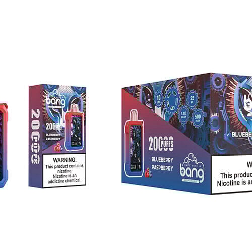 Ein Vape-Gerät mit farbenfrohem Farbverlaufsdesign und sichtbaren mechanischen Zahnrädern, präsentiert neben seiner Verpackung mit dem „Bang“-Branding, Blaubeer-Himbeer-Geschmack und Gesundheitswarnungen zur Nikotinsucht.
