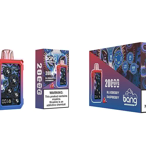 A vape device with a colorful gradient design and visible mechanical gears, displayed alongside its packaging featuring "Bang" branding, blueberry raspberry flavor, and health warnings about nicotine addiction.