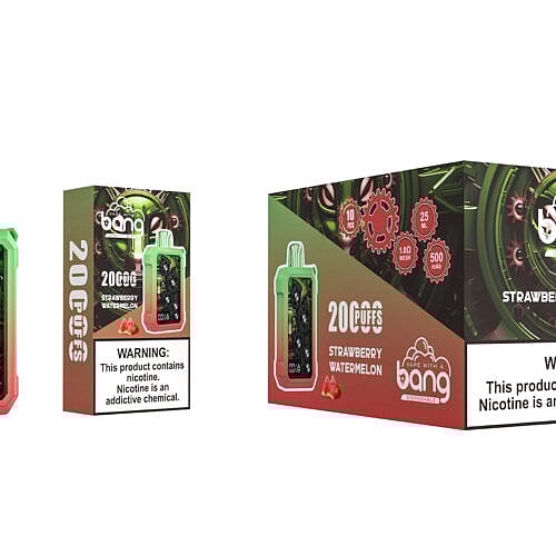 Ein Einweg-Vaporizer mit grünem und rotem Farbverlauf und sichtbaren Zahnrädern im Inneren, begleitet von einer Verpackung mit der Marke „Bang“, dem Geschmack „Erdbeer-Wassermelone“, 20.000 Zügen und Warnhinweisen zum Nikotingehalt.