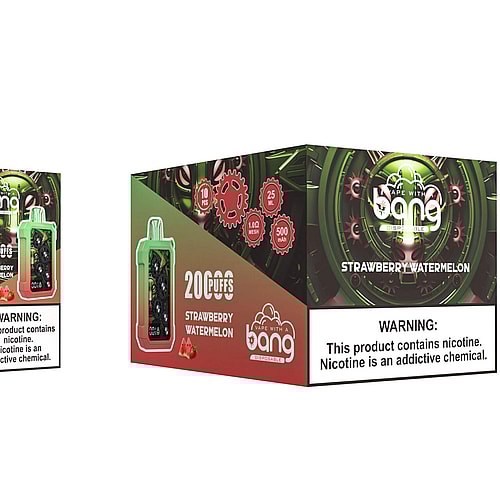 A green and red gradient disposable vape device with visible internal gears, accompanied by packaging displaying the brand "Bang," flavor "Strawberry Watermelon," 20,000 puffs, and nicotine warning labels.