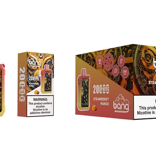 Einweg-Vape von Bang mit Erdbeer-Mango-Geschmack, mit farbenfrohem Design im Zahnrad-Stil, einer Schachtel mit der Aufschrift „20.000 Züge“ und einem Warnhinweis zu Nikotin.