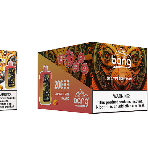 Bang disposable vape in Strawberry Mango flavor, featuring a colorful gear-themed design, box packaging displaying "20,000 puffs" and nicotine warning label.