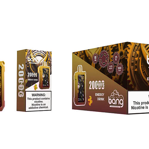 Ein gold-rotes Einweg-Vape-Gerät mit sichtbaren Zahnrädern im Inneren, neben seiner Verpackung mit dem Markennamen „Bang Energy Drink“, den Spezifikationen und einer Warnung vor Nikotinsucht.
