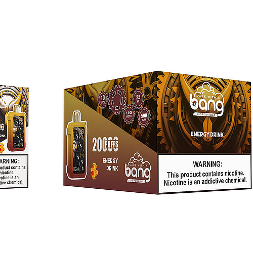 A gold and red disposable vape device with visible internal gears, displayed alongside its packaging featuring "Bang Energy Drink" branding, specifications, and a nicotine addiction warning.