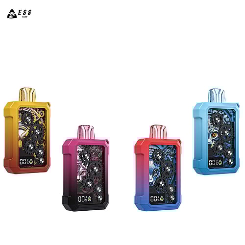 Four colorful vaping devices with transparent front panels revealing intricate gear mechanisms, displayed in yellow, pink, red, and blue.