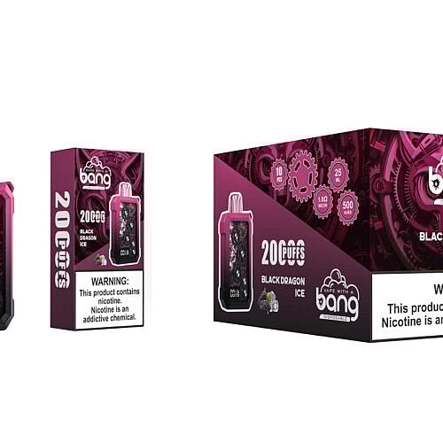 Rosa-schwarzes Vape-Gerät mit mechanischem Zahnraddesign und der Aufschrift „20.000 Züge Black Dragon Ice“, präsentiert neben einer passenden Verpackung mit Produktdetails und einer Nikotinwarnung.