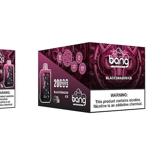 Pink and black vape device with a mechanical gear design, labeled "20,000 puffs Black Dragon Ice," displayed alongside matching packaging that includes product details and a nicotine warning.
