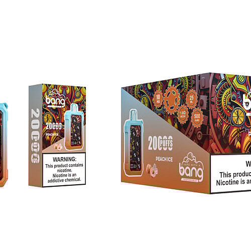 Ein farbenfrohes Vape-Gerät mit sichtbaren Zahnrädern im Inneren und der Aufschrift „Bang Peach Ice“. Auf der Verpackung sind „20.000 Züge“, Geschmacksdetails und eine Nikotinwarnung angegeben.
