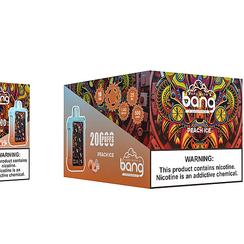 A colorful vape device with visible gears inside, labeled "Bang Peach Ice," alongside packaging displaying "20,000 puffs," flavor details, and a nicotine warning.