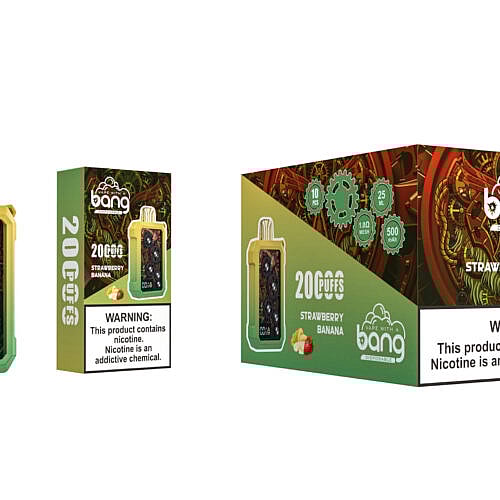 Verpackung und Gerät eines Einweg-Vape-Produkts mit der Bezeichnung „Bang Strawberry Banana“ mit 20.000 Zügen, einem Design mit Zahnradmotiv und einer Warnung, dass Nikotin eine süchtig machende Chemikalie ist.