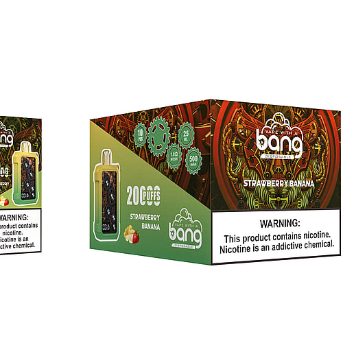 Packaging and device of a disposable vape product labeled "Bang Strawberry Banana," featuring 20,000 puffs, a gear-themed design, and a warning about nicotine being an addictive chemical.