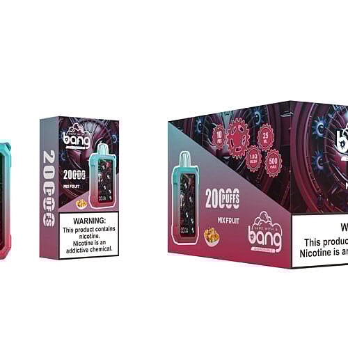 Ein Einweg-Vape-Gerät mit einem farbenfrohen Farbverlaufsdesign mit sichtbaren Zahnrädern, einem digitalen Bildschirm und der Aufschrift „Bang 20.000 Puffs Mix Fruit“ sowie einer Verpackung mit Produktdetails und einer Nikotinwarnung.