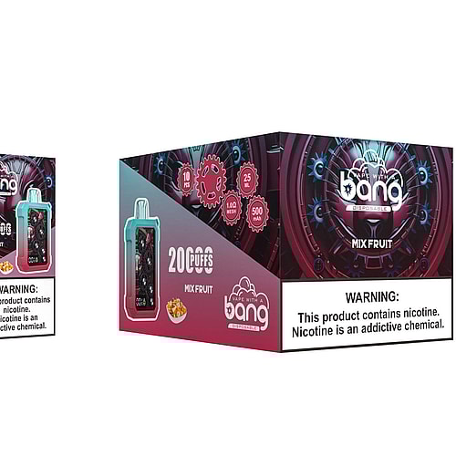 A disposable vape device with a colorful gradient design featuring visible gears, a digital screen, and labeled "Bang 20,000 Puffs Mix Fruit," alongside packaging displaying product details and a nicotine warning.
