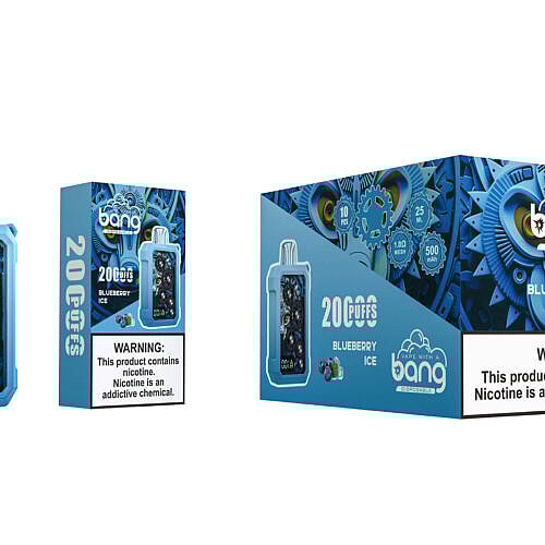 Blau-schwarze Verpackung für das Vape-Gerät Bang Disposable mit Blueberry Ice-Geschmack, 20.000 Zügen, Produktdetails und einer Nikotinwarnung.