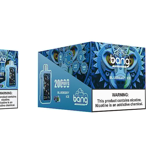 Blue and black vape device packaging for Bang Disposable, featuring a Blueberry Ice flavor with 20,000 puffs, product details, and a nicotine warning.