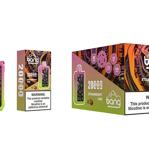 Ein farbenfrohes Vape-Gerät mit sichtbaren Zahnrädern und der Aufschrift „20.000 Züge“ und „Erdbeer-Kiwi“. Auf der Verpackung sind Markenzeichen, Produktdetails und eine Nikotinwarnung zu sehen.