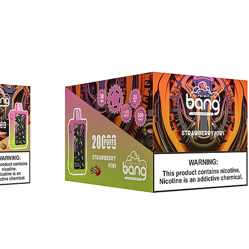 A colorful vape device with visible gears, labeled "20,000 puffs" and "Strawberry Kiwi," alongside its packaging displaying branding, product details, and a nicotine warning.