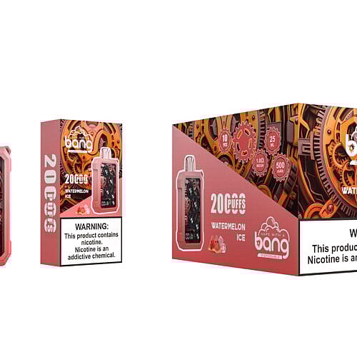Ein Vape-Gerät mit Wassermeloneneisgeschmack, rosa Gehäuse, sichtbarem zahnradähnlichem Design und digitaler Anzeige, abgebildet neben der Verpackung mit mechanisch anmutenden Grafiken und Produktspezifikationen.