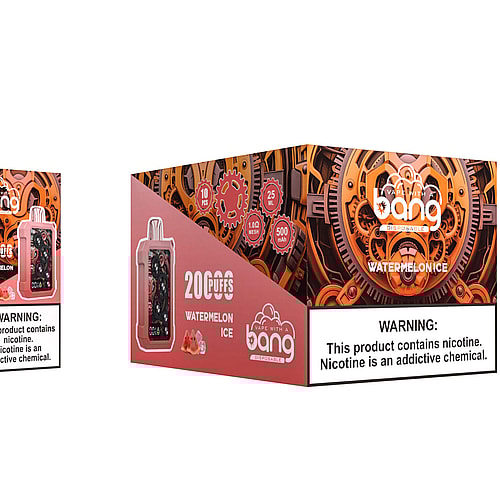A watermelon ice-flavored vape device with a pink body, visible gear-like design, and a digital display, shown alongside its packaging featuring mechanical-themed graphics and product specifications.