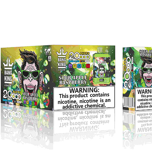Embalaje para vaporizador desechable Bang King en sabor Sour Apple Raspberry, que presenta un personaje de dibujos animados con gafas de sol, fondo verde y colorido y advertencias sobre la adicción a la nicotina destacadas.