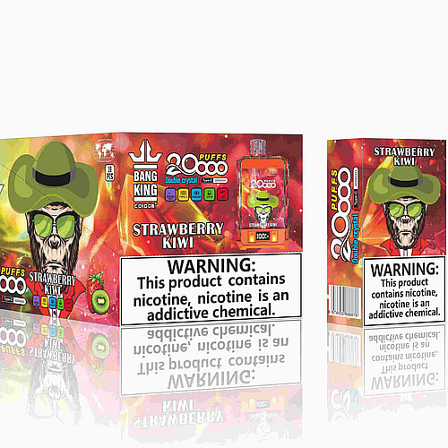 Presentación y presentación del producto de un vaporizador etiquetado como "Bang King Color", con 20.000 caladas, sabor a fresa y kiwi y un dibujo de un personaje con barba, gafas de sol y un sombrero verde. Incluye una advertencia sobre la nicotina.