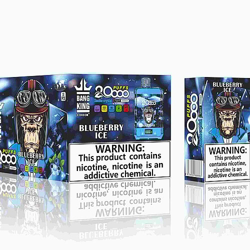 Embalaje del vaporizador desechable Bang King Blueberry Ice, que presenta un gorila con gafas y casco, con un texto que resalta "20 000 bocanadas" y una advertencia sobre la nicotina.