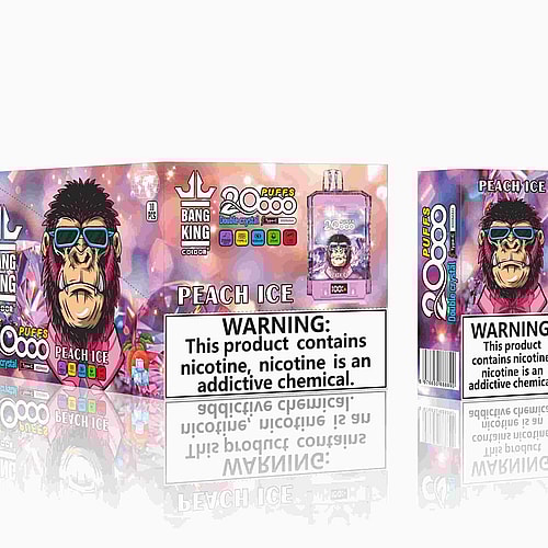 Diseño de empaque para el vaporizador desechable Bang King Peach Ice, que presenta un gorila estilizado con gafas de sol, el texto "20 000 bocanadas" y una etiqueta de advertencia sobre adicción a la nicotina.