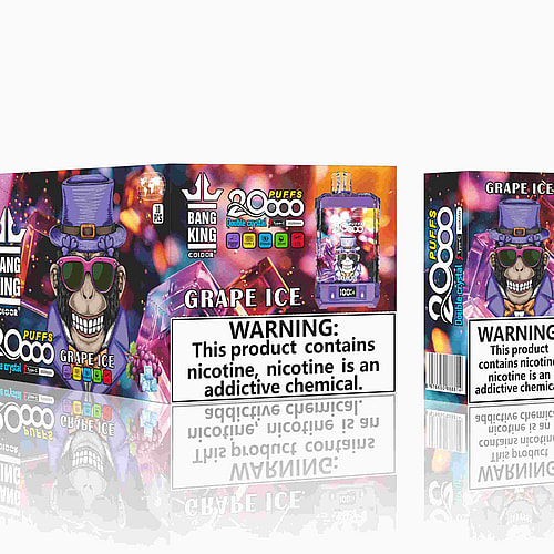 Embalaje para el vaporizador Bang King Grape Ice, con colores vibrantes, un personaje sonriente con un sombrero de copa morado y "20 000 bocanadas" claramente visible junto a una etiqueta de advertencia de nicotina.