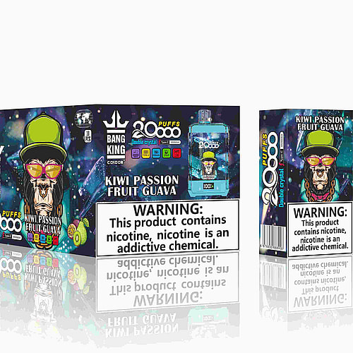 Imagen del empaque y del producto del vaporizador Bang King 20000 Puffs con sabor a kiwi, maracuyá y guayaba, que presenta un personaje de perro estilizado con gafas de sol y sombrero, y una etiqueta de advertencia de nicotina destacada.