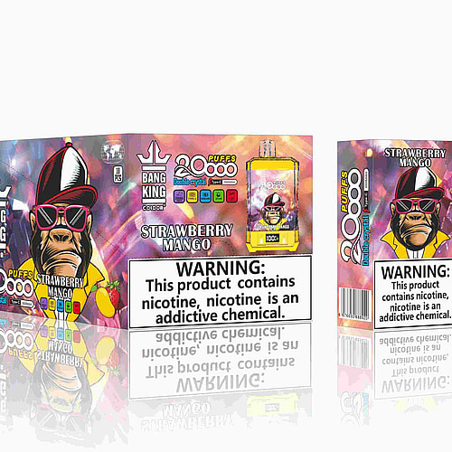 Imagen del empaque y del producto del vaporizador "Bang King Color Strawberry Mango", que presenta un gorila de dibujos animados con gafas de sol y una gorra, con una etiqueta de advertencia sobre la adicción a la nicotina.
