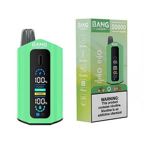 A green disposable vape device with digital displays showing battery level and power settings, next to its packaging that highlights features like 50,000 puffs, dual mesh, and flavors of apple pear and passionfruit guava, along with a warning about nicotine.